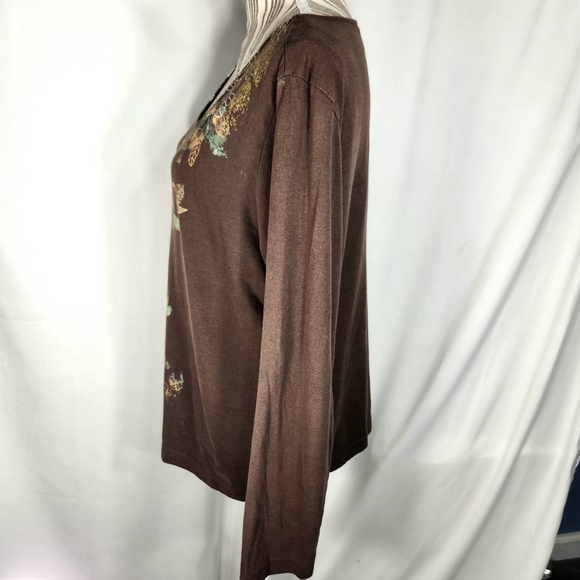 Gloria Vanderbilt Gizella Brown Floral Print & Flat Studs Long Sleeve Top Sz PXL - Picture 4 of 11